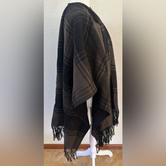 Allsaints Plaid Yarn Dye Phoenix Ruana 100% Wool Scarf Dark Olive Black AS Print - Picture 13 of 16